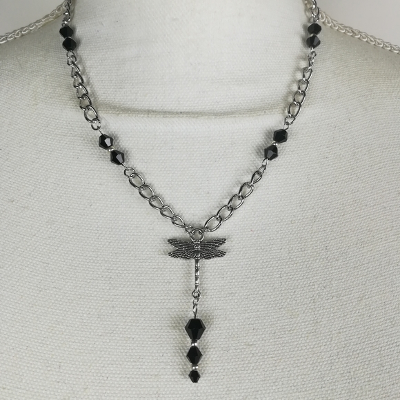 Hand Crafted Jewelry - Goth dragonfly necklace black faceted glass beads witchy dark pagan